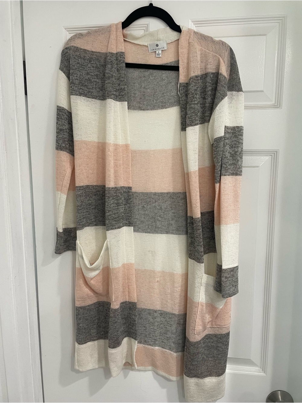 Socialite Striped Open-Front Cardigan in Pink, Gray & White